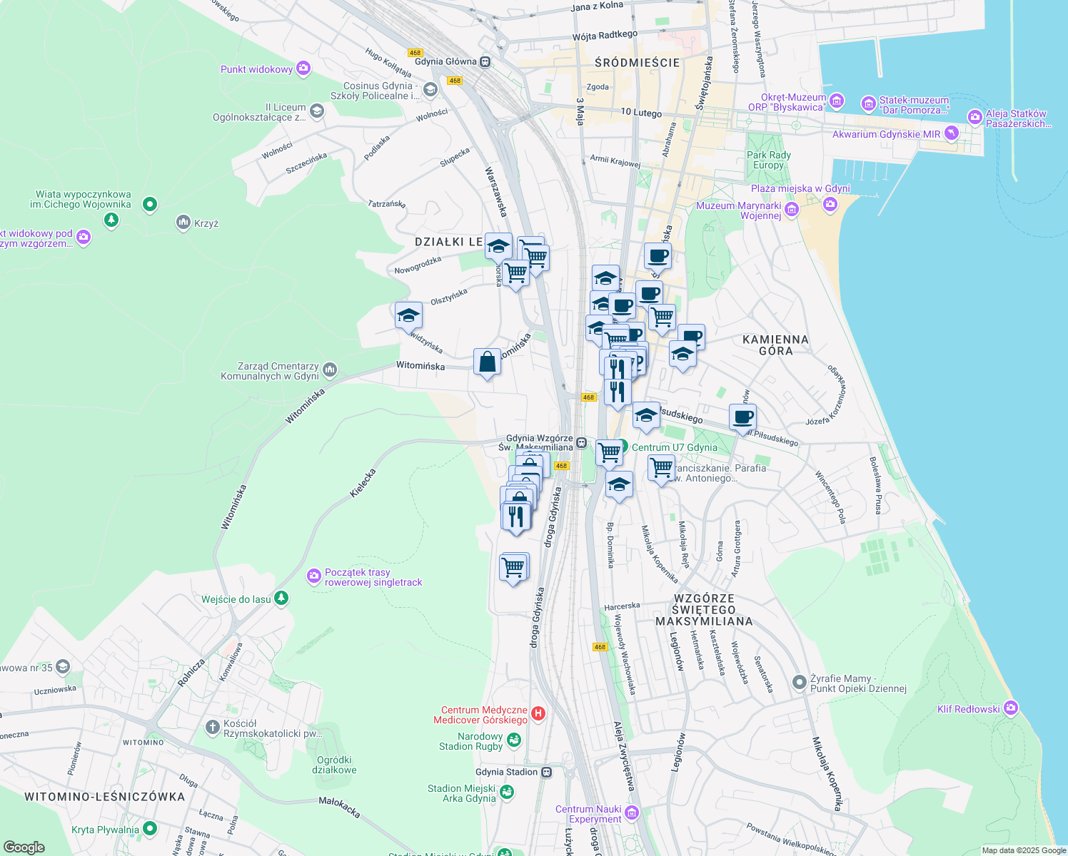 map of restaurants, bars, coffee shops, grocery stores, and more near 2 Kielecka in Gdynia