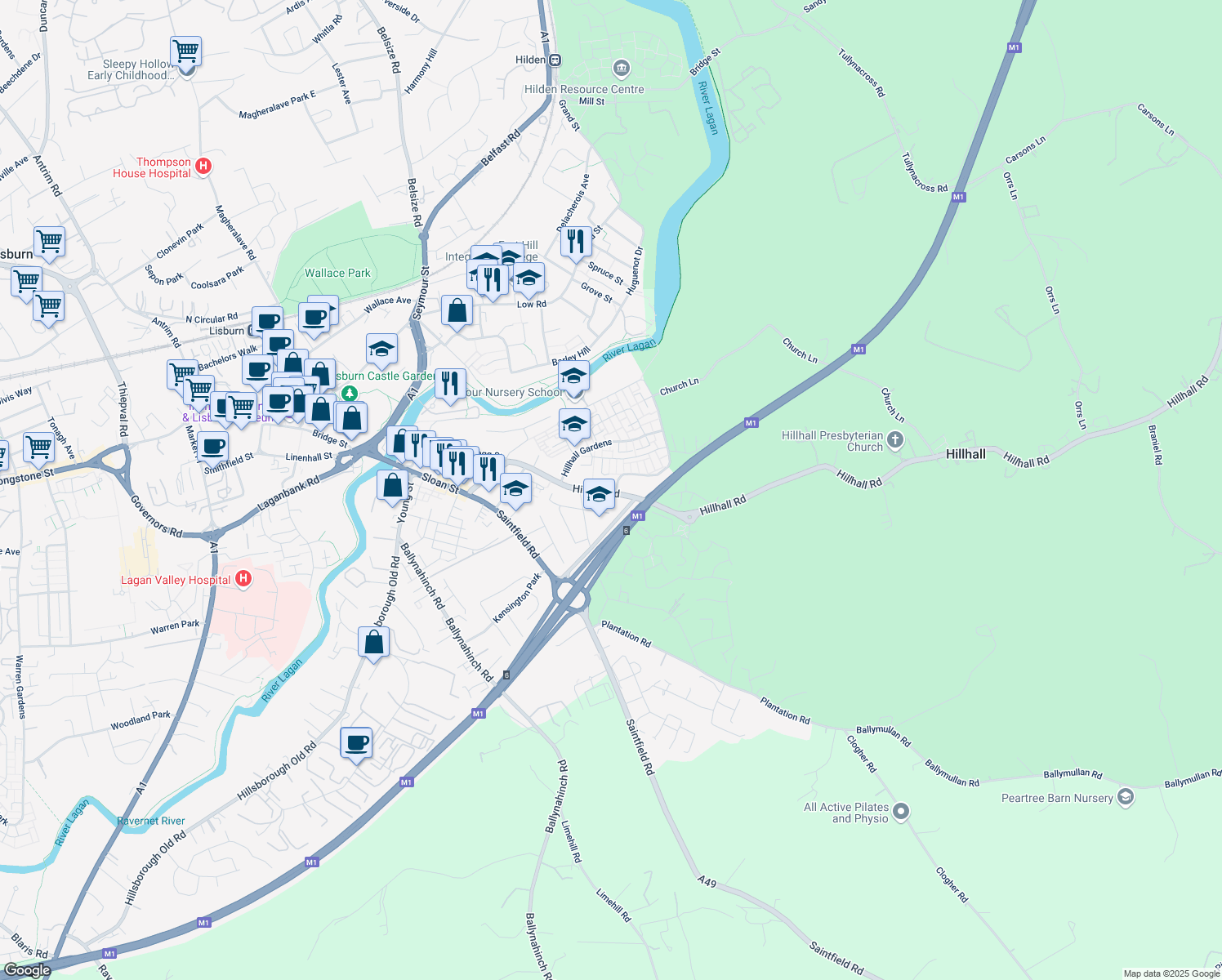 map of restaurants, bars, coffee shops, grocery stores, and more near 95 Hillhall Road in Lisburn