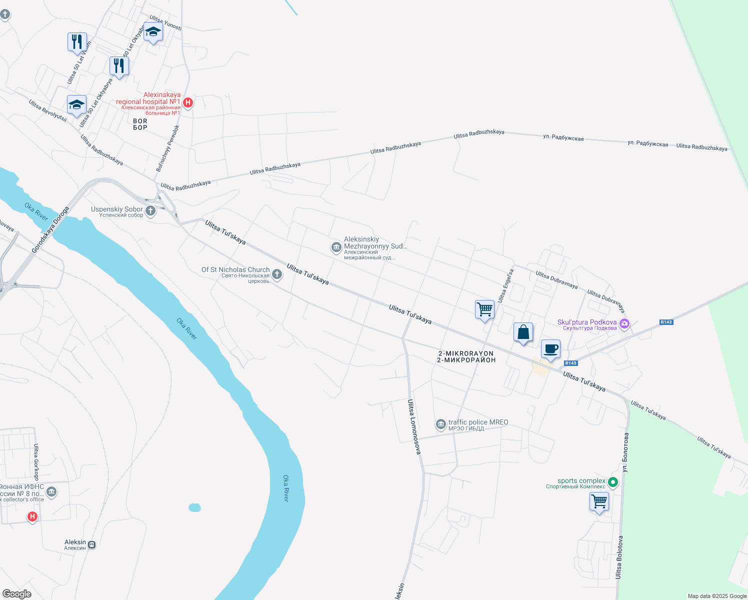 map of restaurants, bars, coffee shops, grocery stores, and more near in Aleksin