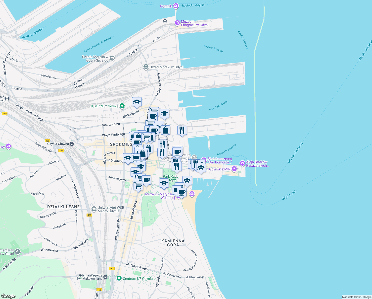 map of restaurants, bars, coffee shops, grocery stores, and more near 19 Jerzego Waszyngtona in Gdynia