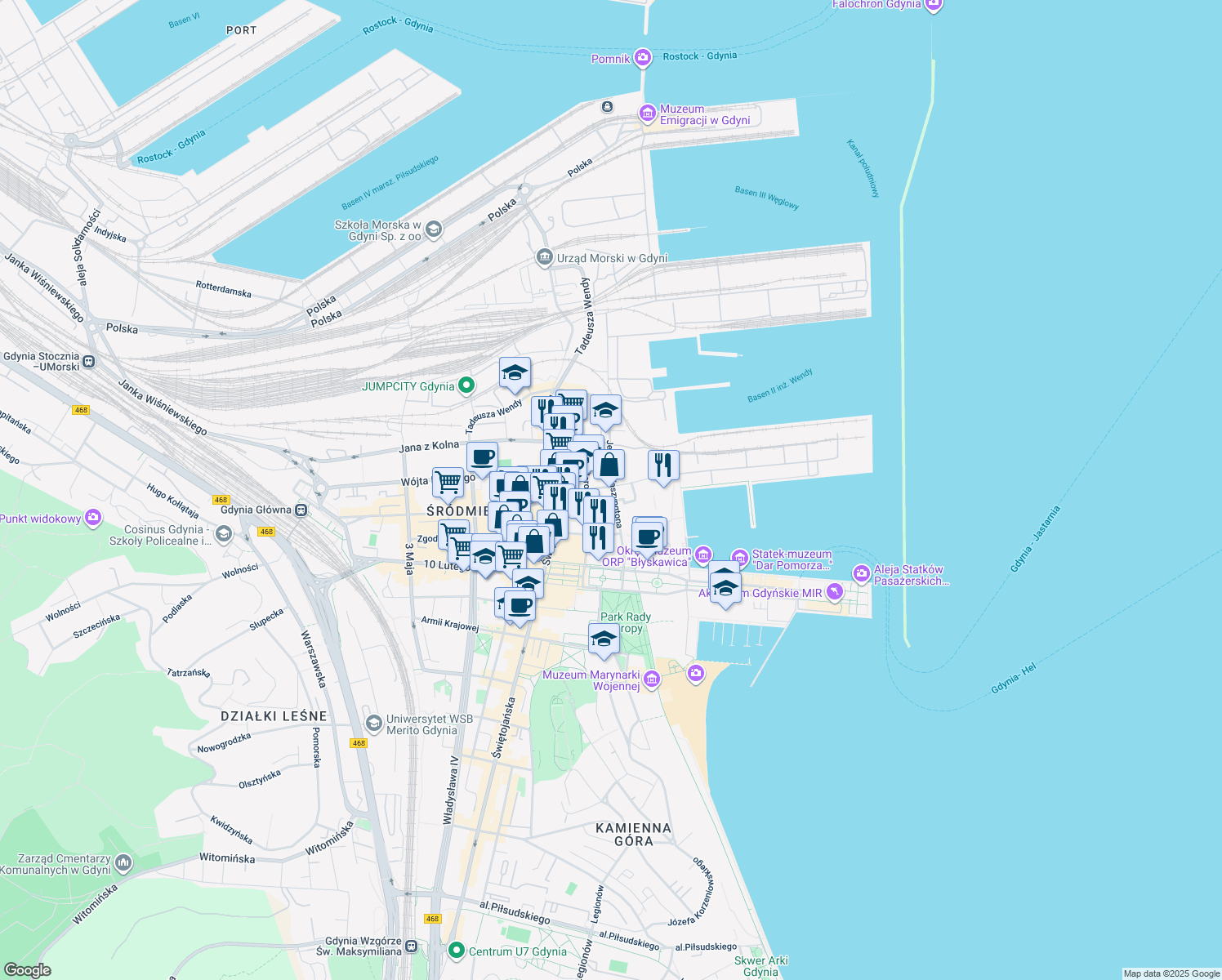 map of restaurants, bars, coffee shops, grocery stores, and more near 24 Jerzego Waszyngtona in Gdynia