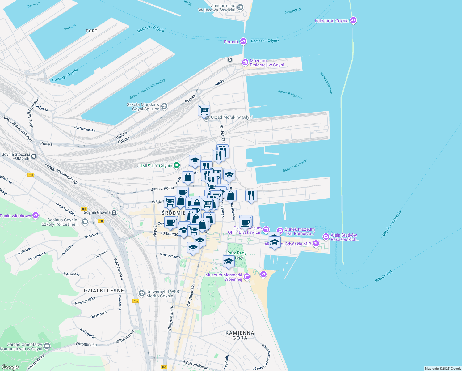 map of restaurants, bars, coffee shops, grocery stores, and more near 24 Jerzego Waszyngtona in Gdynia