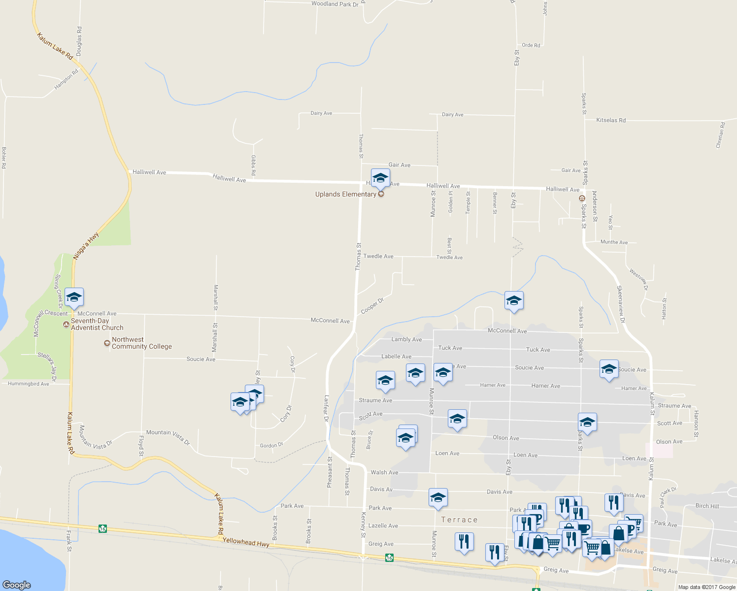 map of restaurants, bars, coffee shops, grocery stores, and more near 4947 Hundal Drive in Terrace
