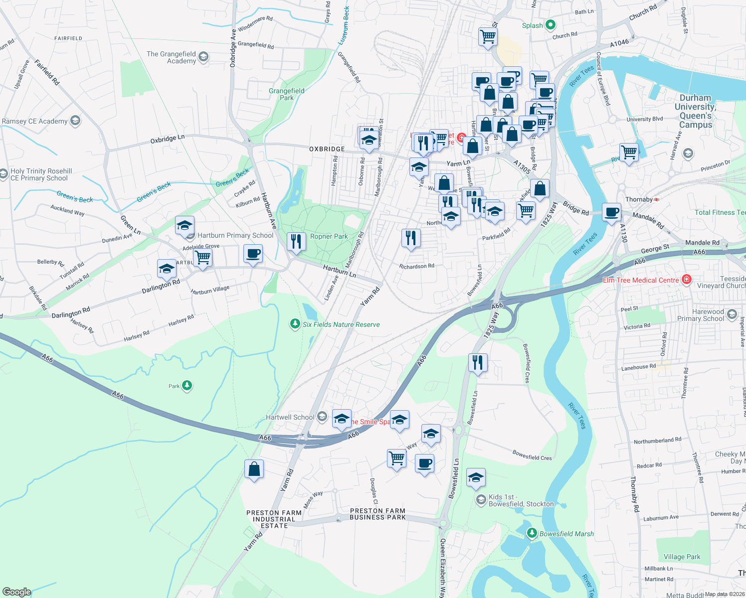 map of restaurants, bars, coffee shops, grocery stores, and more near Yarm Road in Stockton-on-Tees