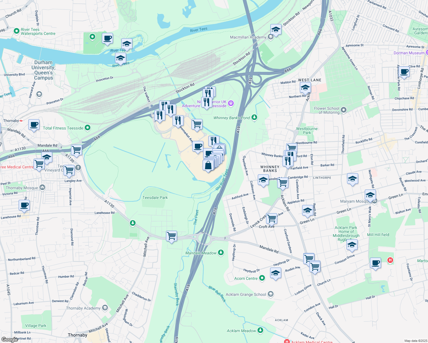map of restaurants, bars, coffee shops, grocery stores, and more near in Thornaby