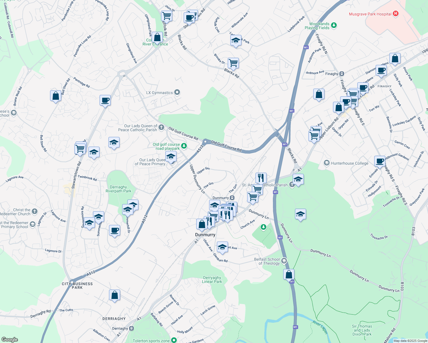 map of restaurants, bars, coffee shops, grocery stores, and more near 27 Upper Green in Dunmurry