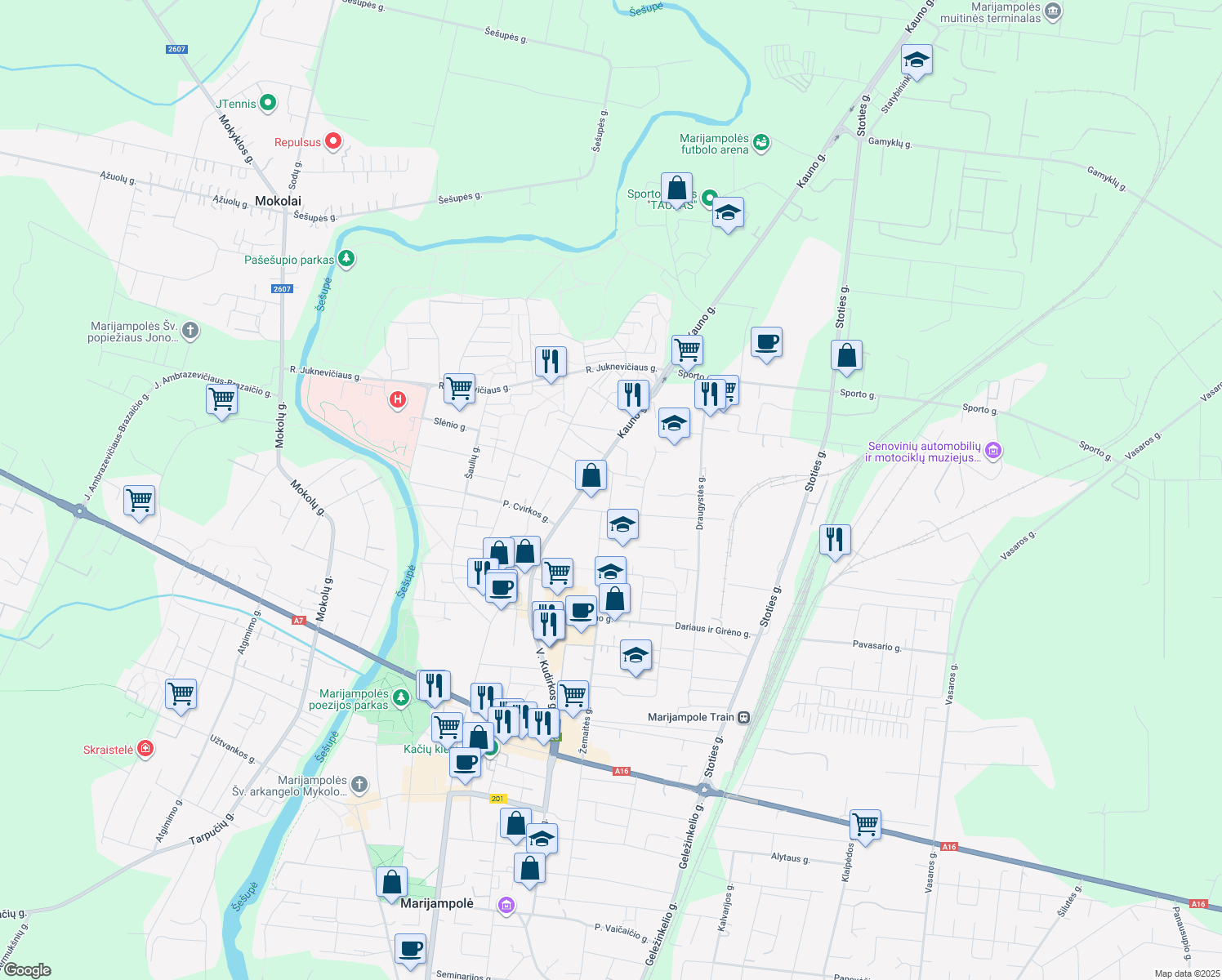 map of restaurants, bars, coffee shops, grocery stores, and more near 60 Kauno gatvė in Marijampolė