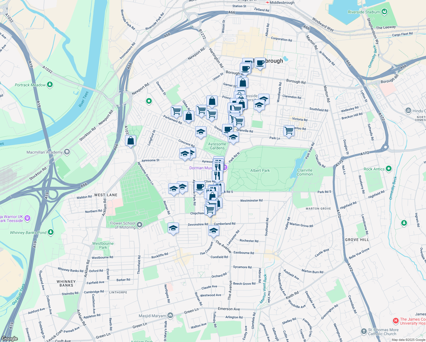 map of restaurants, bars, coffee shops, grocery stores, and more near Caxton Street in Middlesbrough
