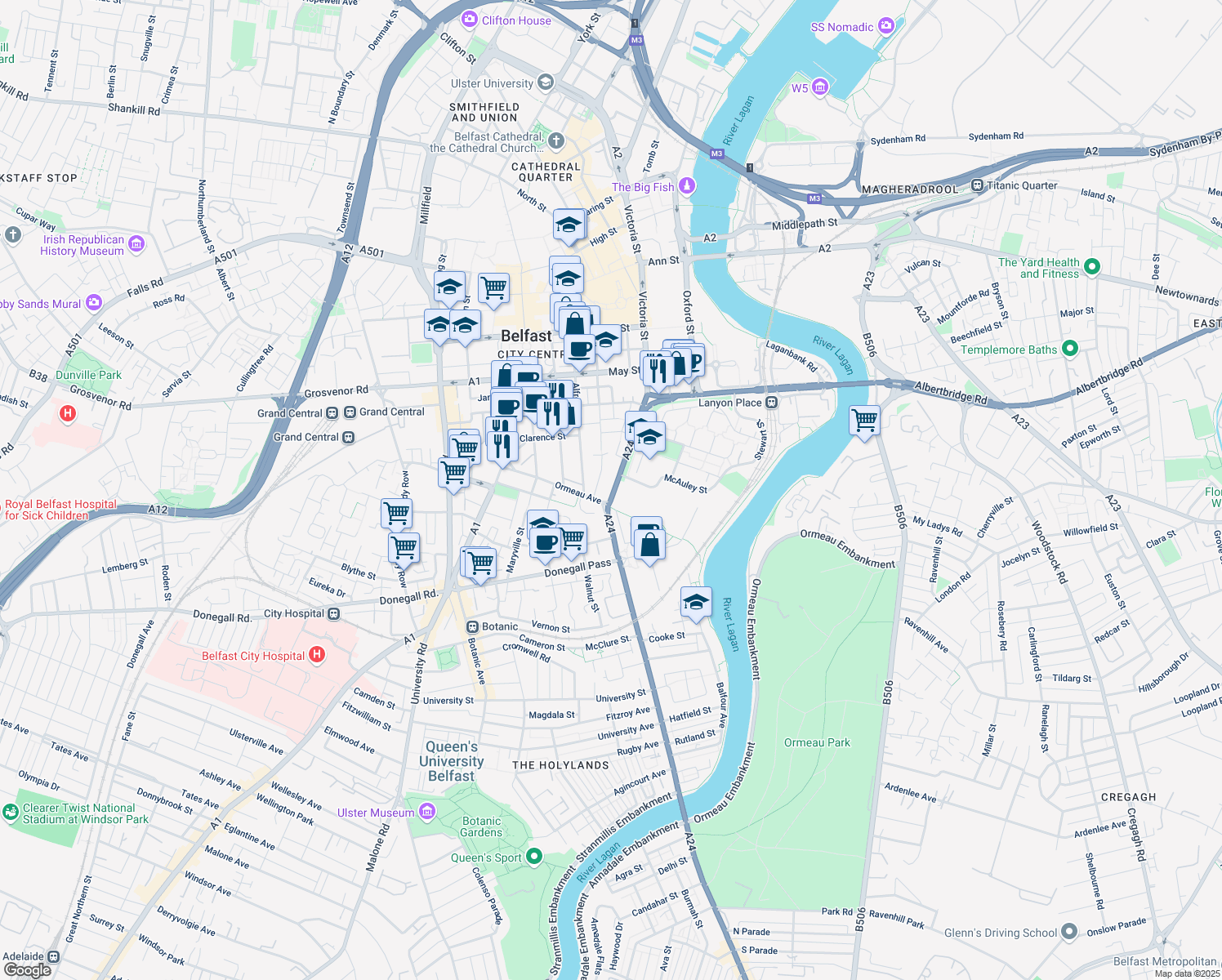map of restaurants, bars, coffee shops, grocery stores, and more near 157 Cromac Street in Belfast