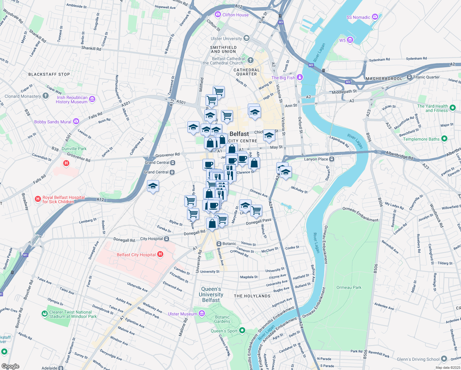 map of restaurants, bars, coffee shops, grocery stores, and more near 24 Ormeau Avenue in Belfast