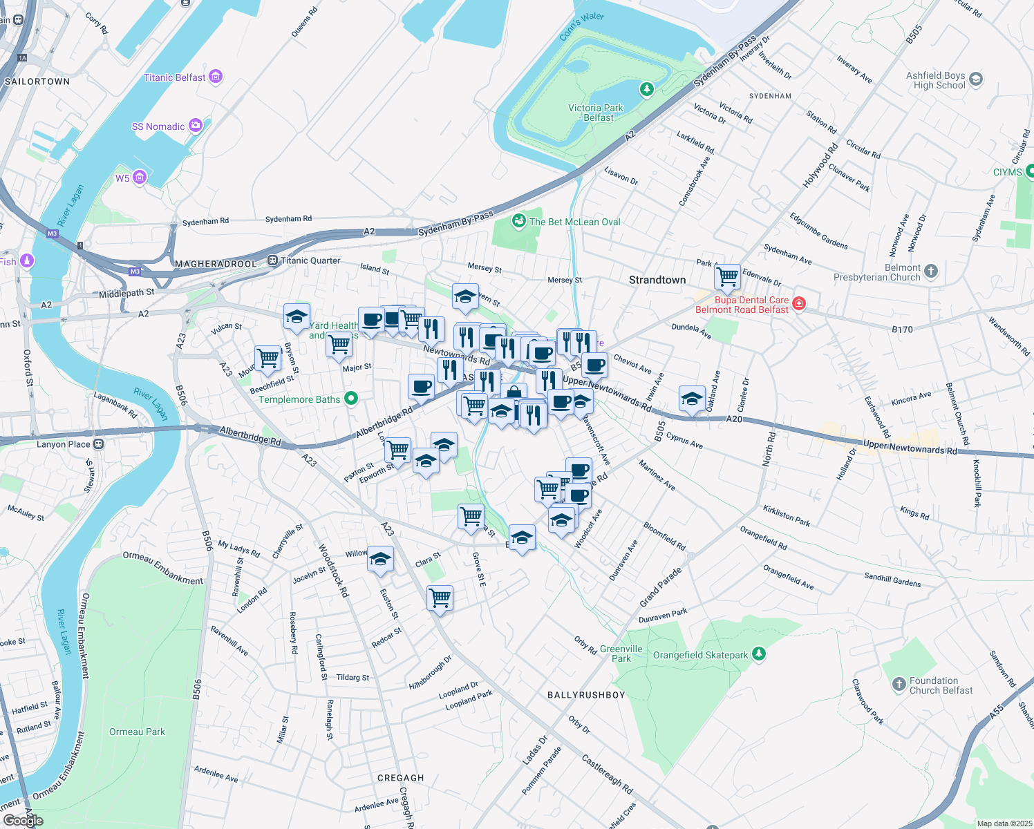 map of restaurants, bars, coffee shops, grocery stores, and more near East Bread Street in Belfast