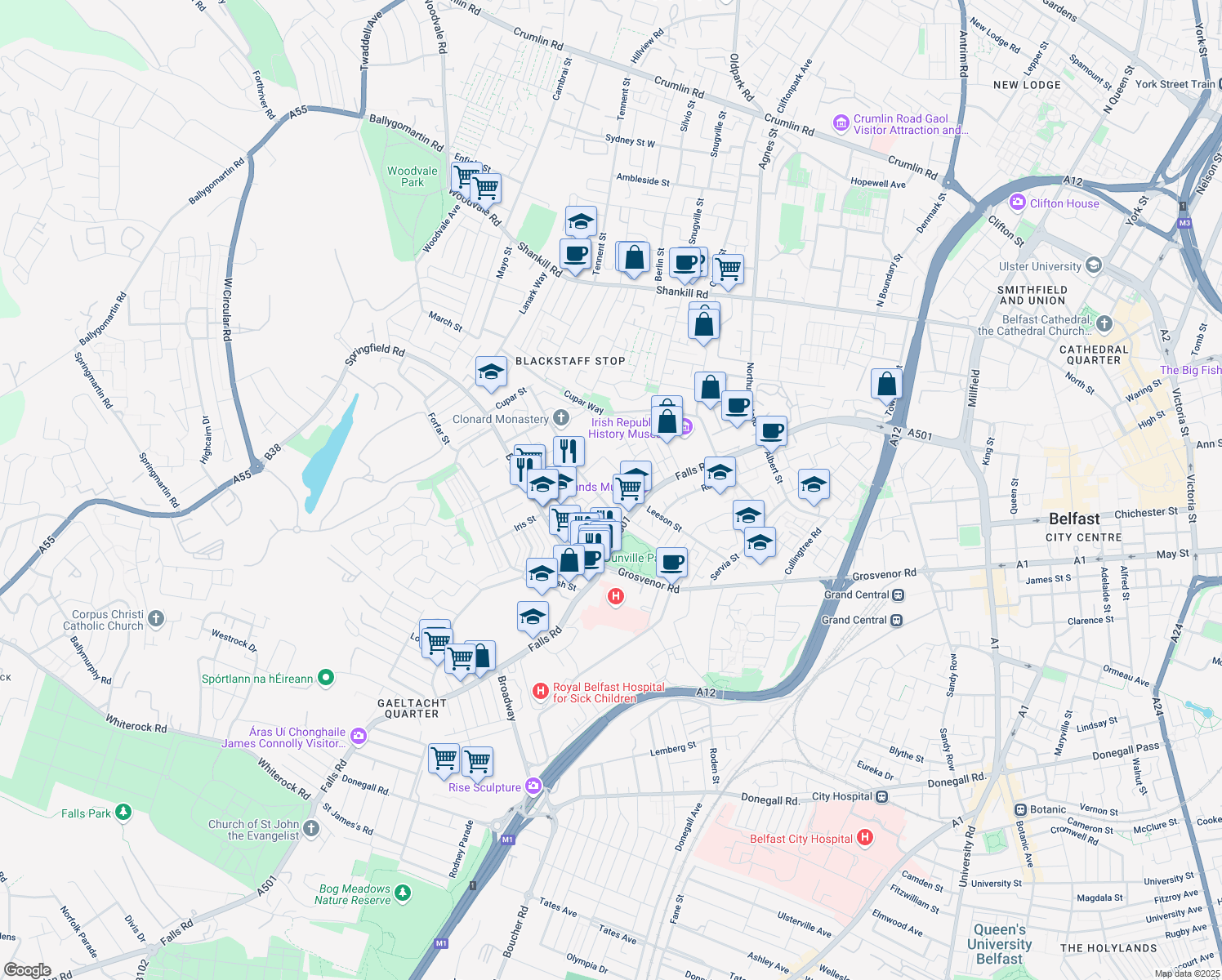 map of restaurants, bars, coffee shops, grocery stores, and more near 6 Odessa Street in Belfast