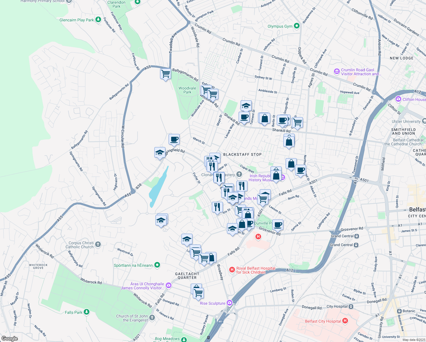 map of restaurants, bars, coffee shops, grocery stores, and more near 223 Springfield Road in Belfast