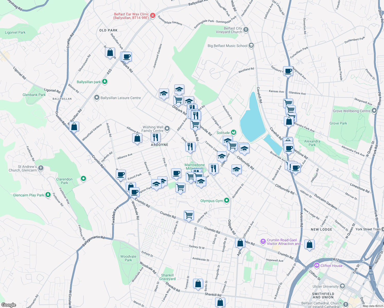 map of restaurants, bars, coffee shops, grocery stores, and more near Oldpark Road in Belfast