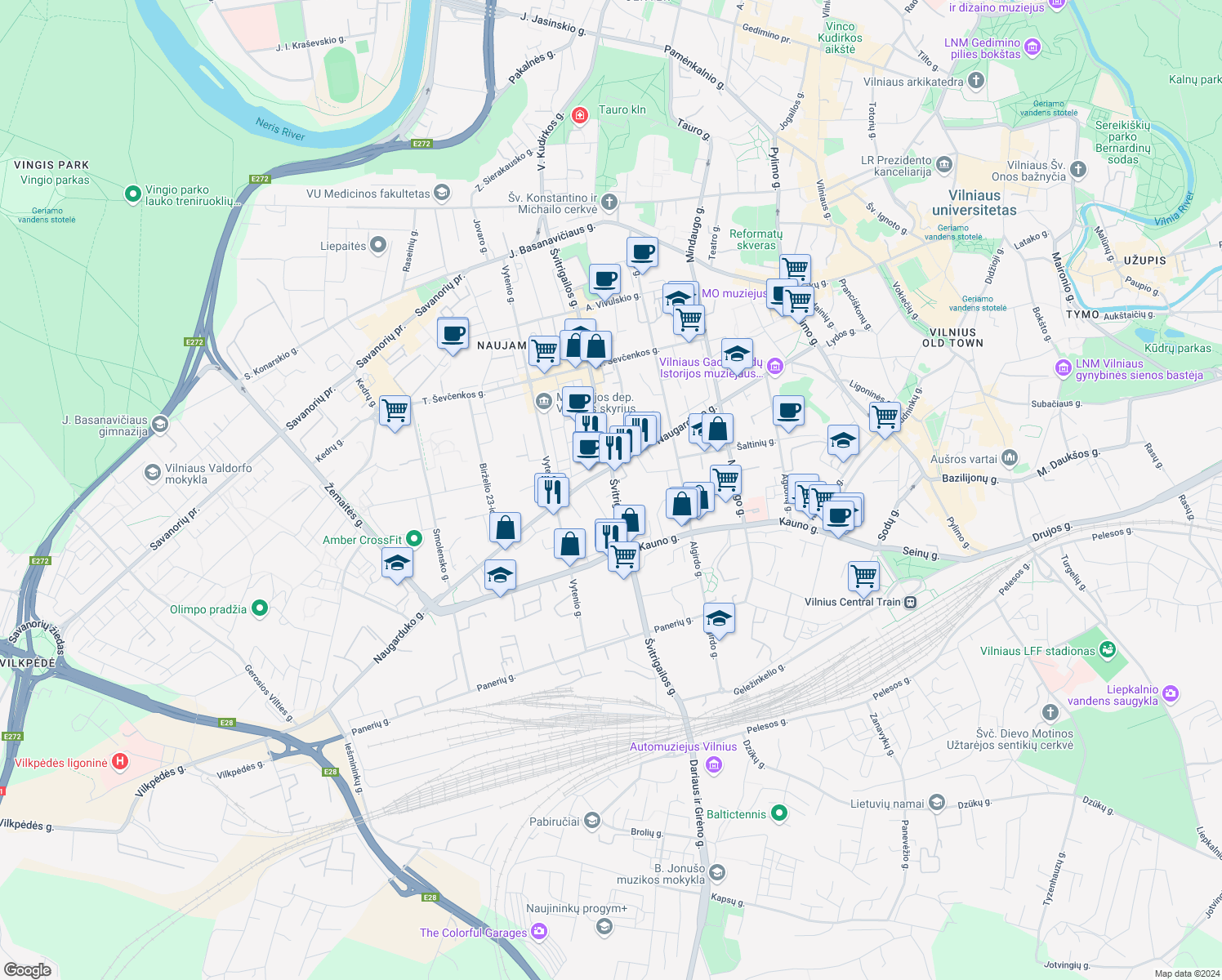 map of restaurants, bars, coffee shops, grocery stores, and more near 13 Švitrigailos gatvė in Vilnius
