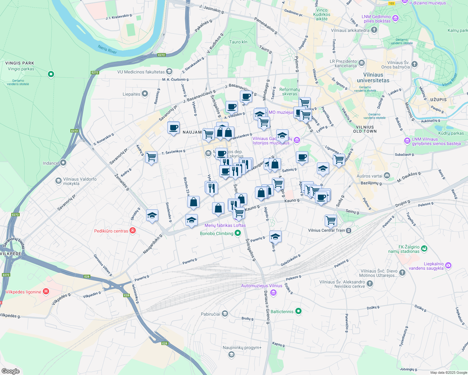 map of restaurants, bars, coffee shops, grocery stores, and more near 13 Švitrigailos gatvė in Vilnius