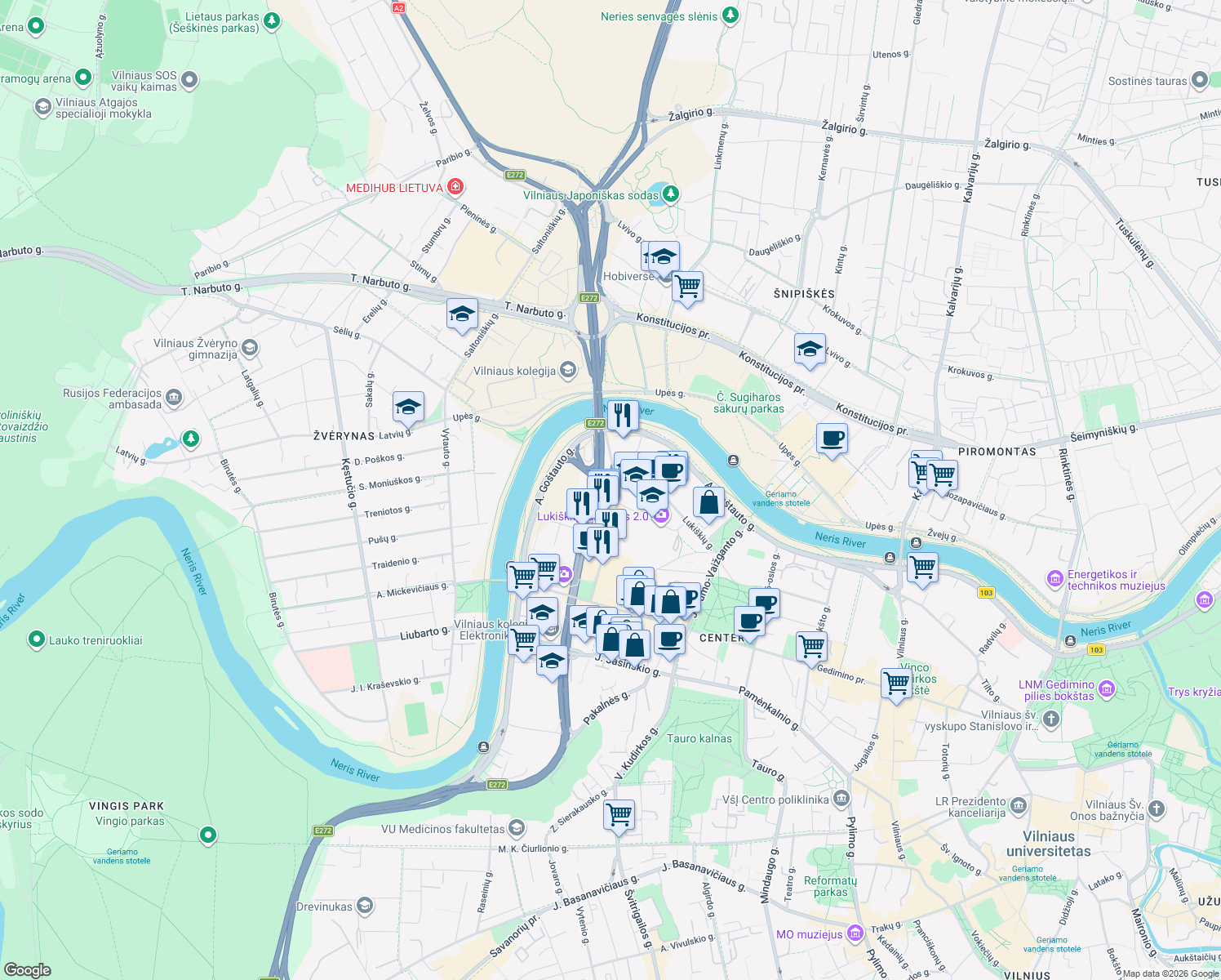 map of restaurants, bars, coffee shops, grocery stores, and more near 16 Gynėjų gatvė in Vilnius