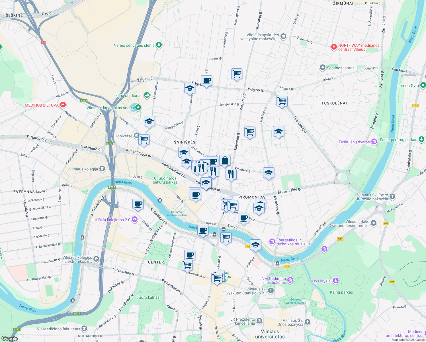 map of restaurants, bars, coffee shops, grocery stores, and more near 25 Lvovo gatvė in Vilnius