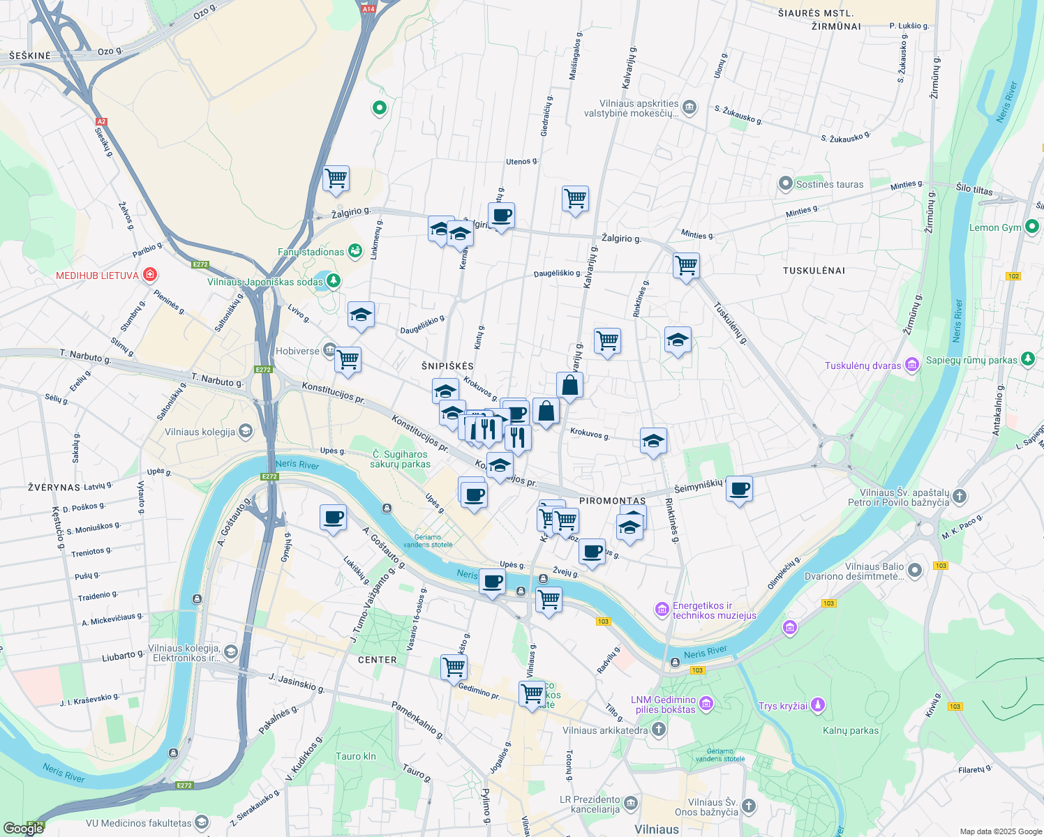 map of restaurants, bars, coffee shops, grocery stores, and more near 25 Lvovo gatvė in Vilnius