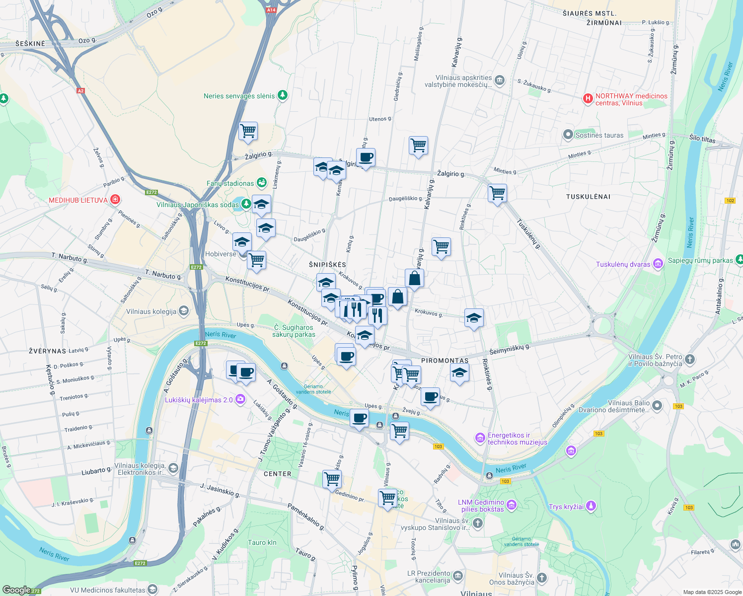 map of restaurants, bars, coffee shops, grocery stores, and more near 3 Giedraičių gatvė in Vilnius