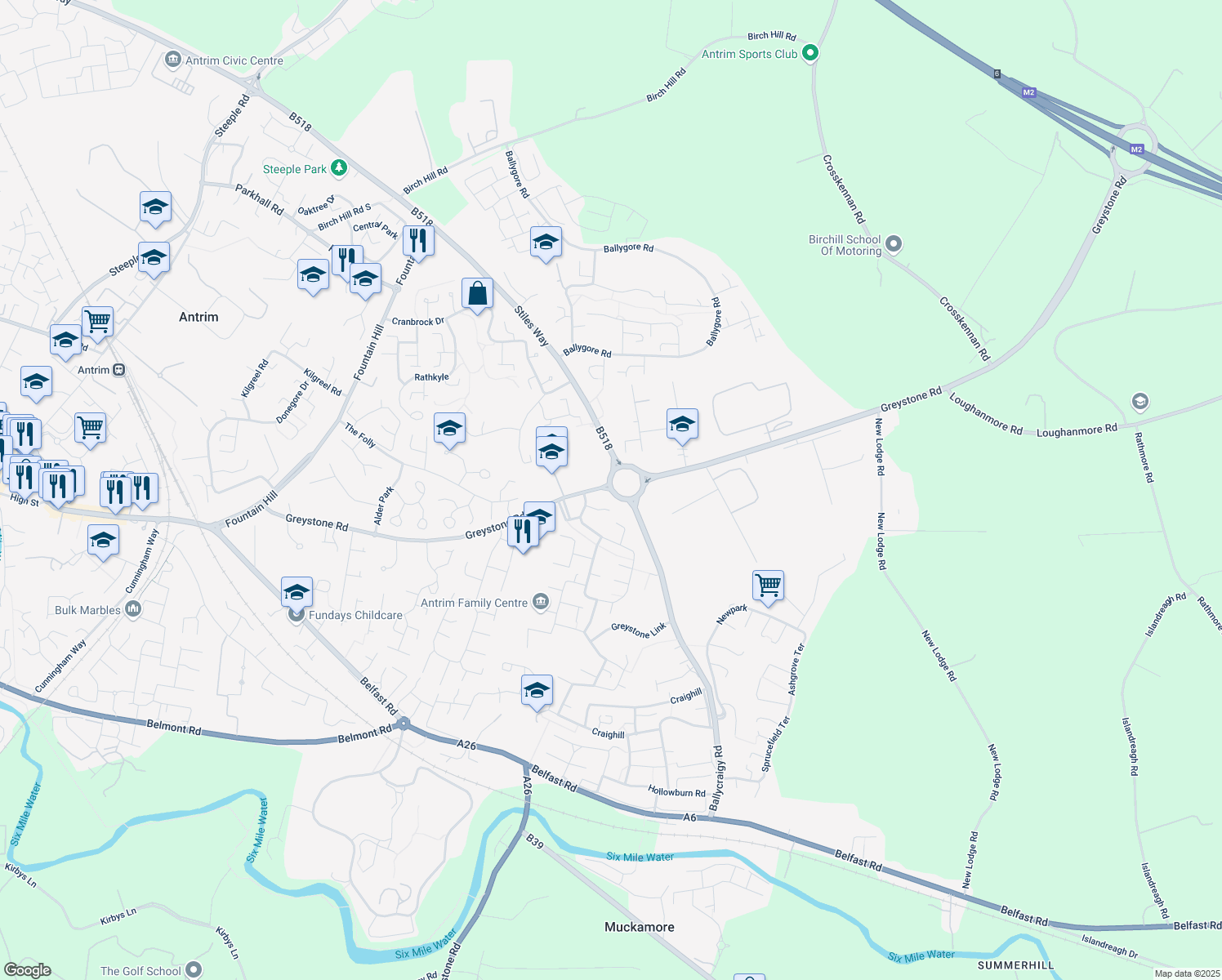 map of restaurants, bars, coffee shops, grocery stores, and more near Greystone Rd in Antrim