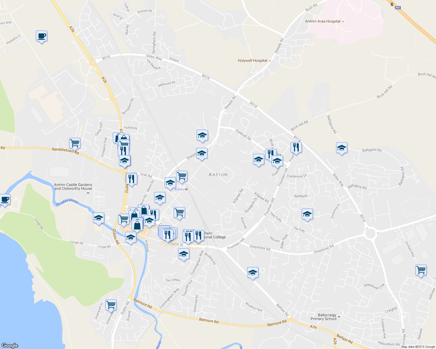 map of restaurants, bars, coffee shops, grocery stores, and more near in Antrim