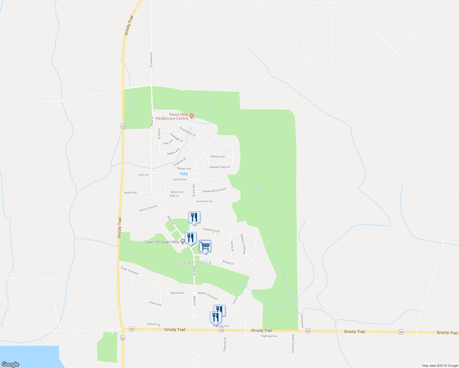 map of restaurants, bars, coffee shops, grocery stores, and more near 37 Centennial Crescent in Swan Hills