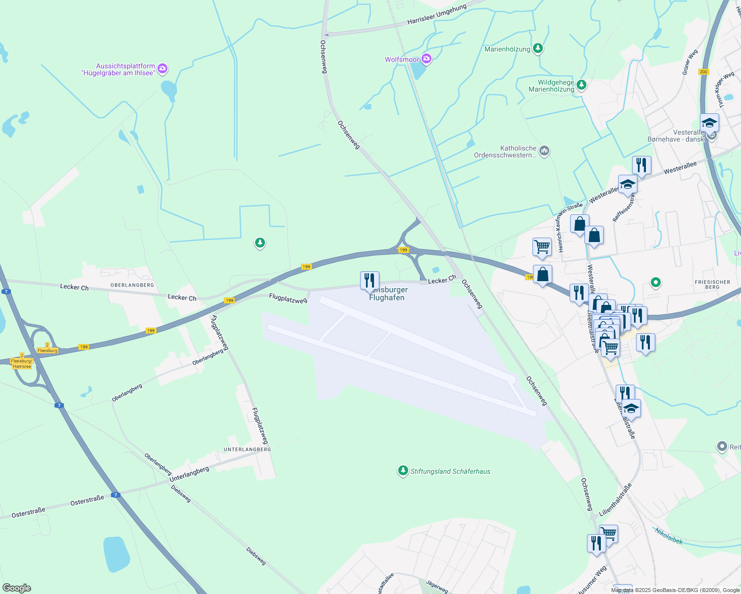 map of restaurants, bars, coffee shops, grocery stores, and more near 129 Lecker Chaussee in Flensburg