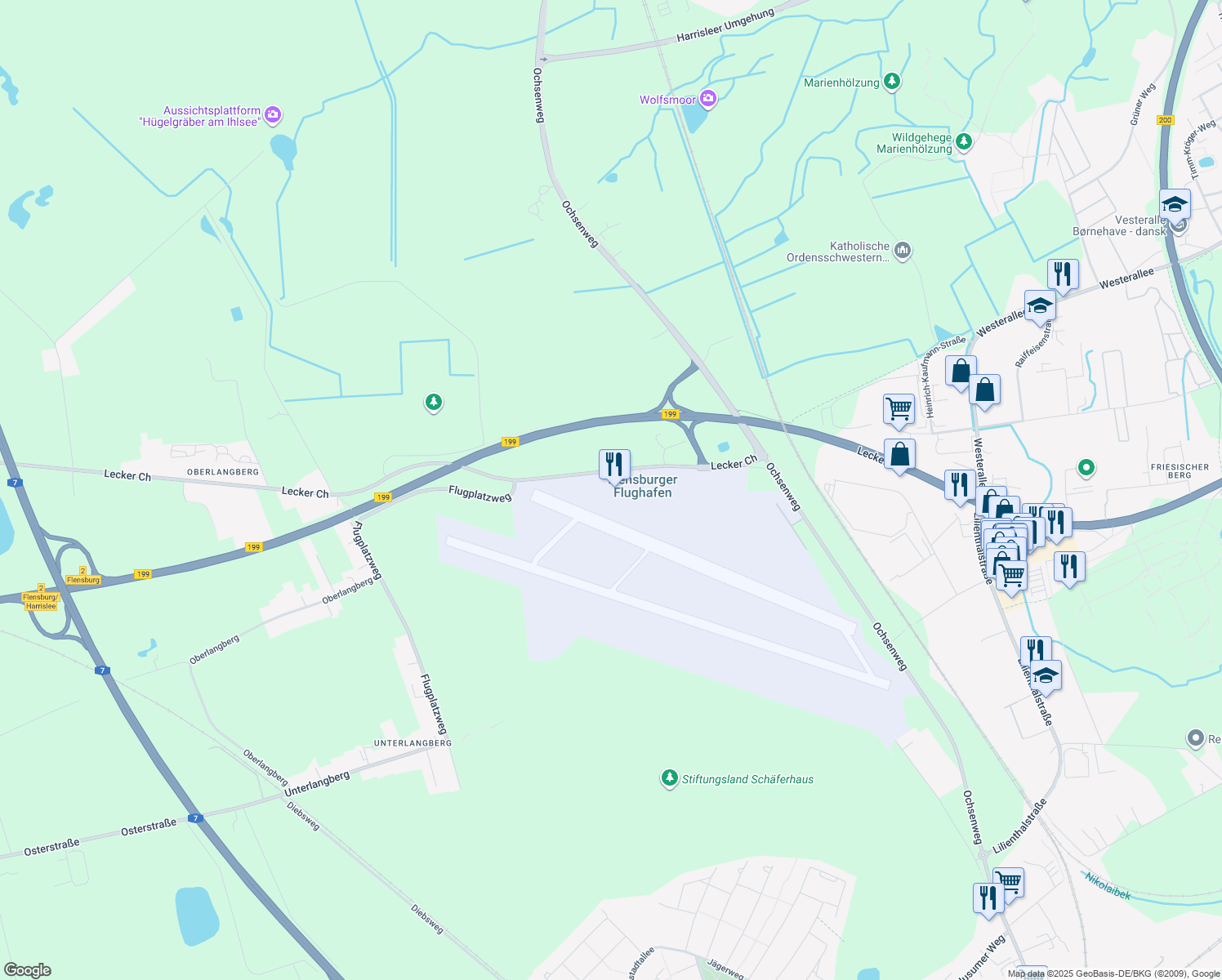 map of restaurants, bars, coffee shops, grocery stores, and more near 129 Lecker Chaussee in Flensburg
