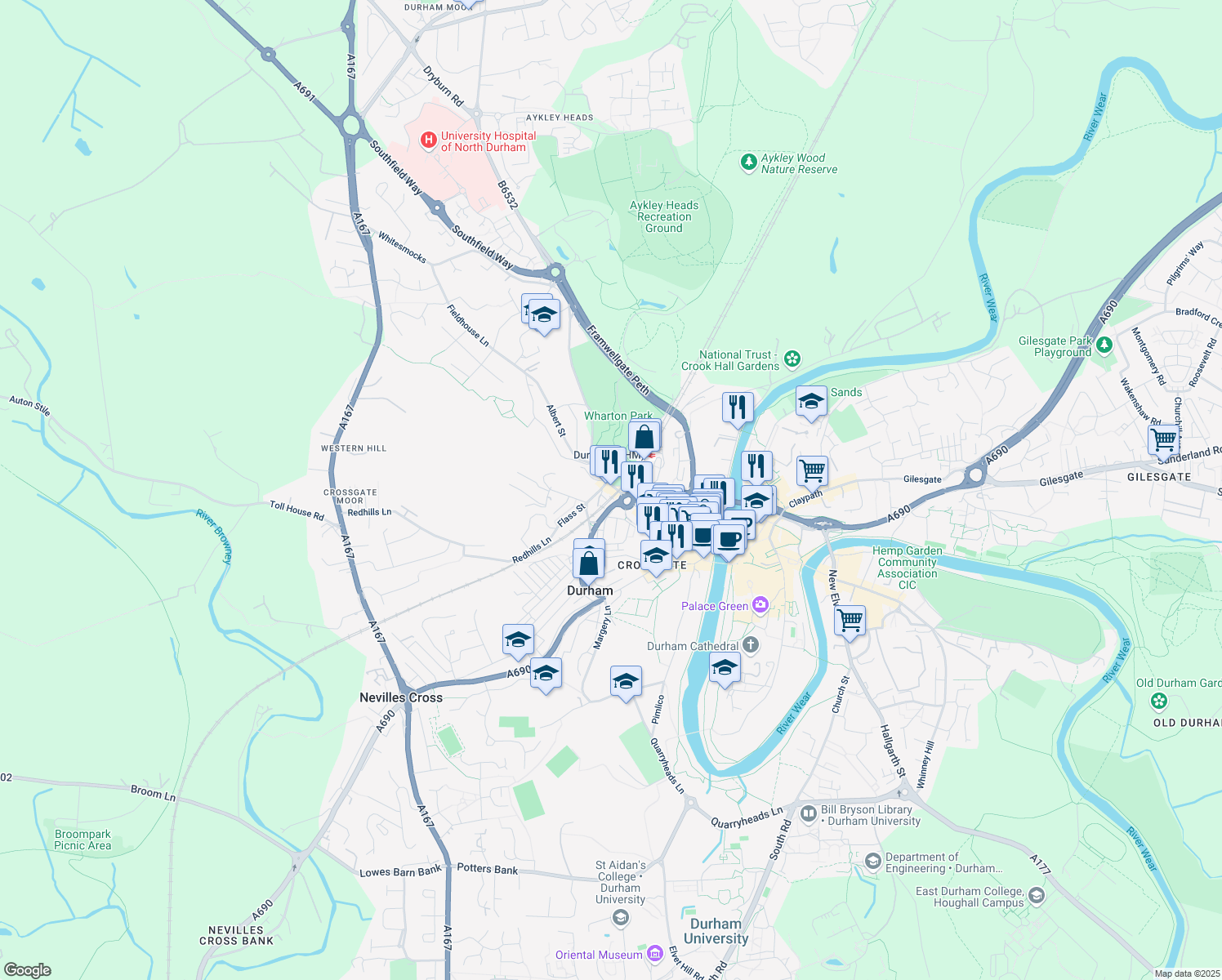 map of restaurants, bars, coffee shops, grocery stores, and more near in County Durham
