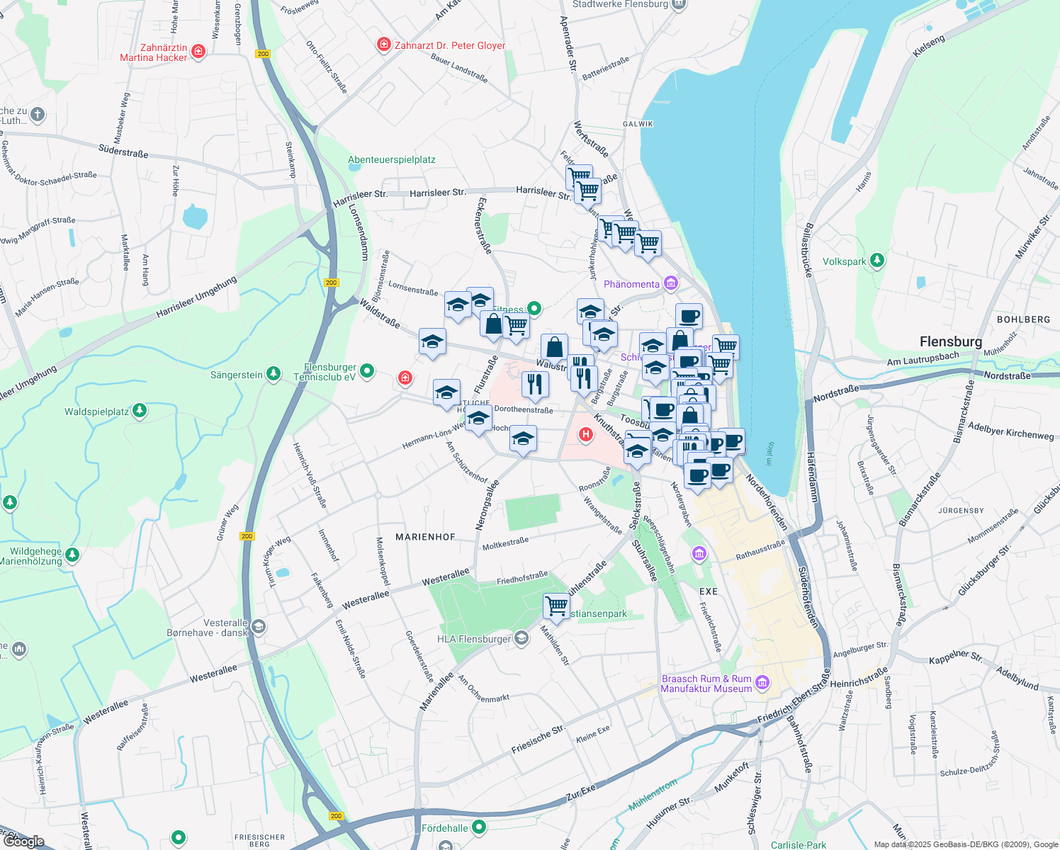 map of restaurants, bars, coffee shops, grocery stores, and more near 22 Hochstraße in Flensburg