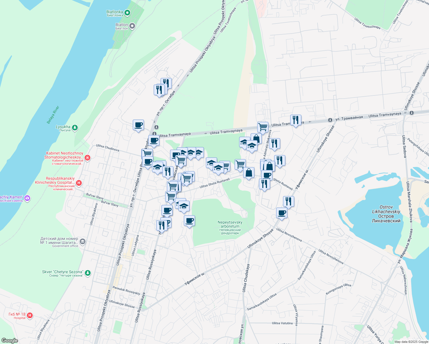 map of restaurants, bars, coffee shops, grocery stores, and more near in Ufa