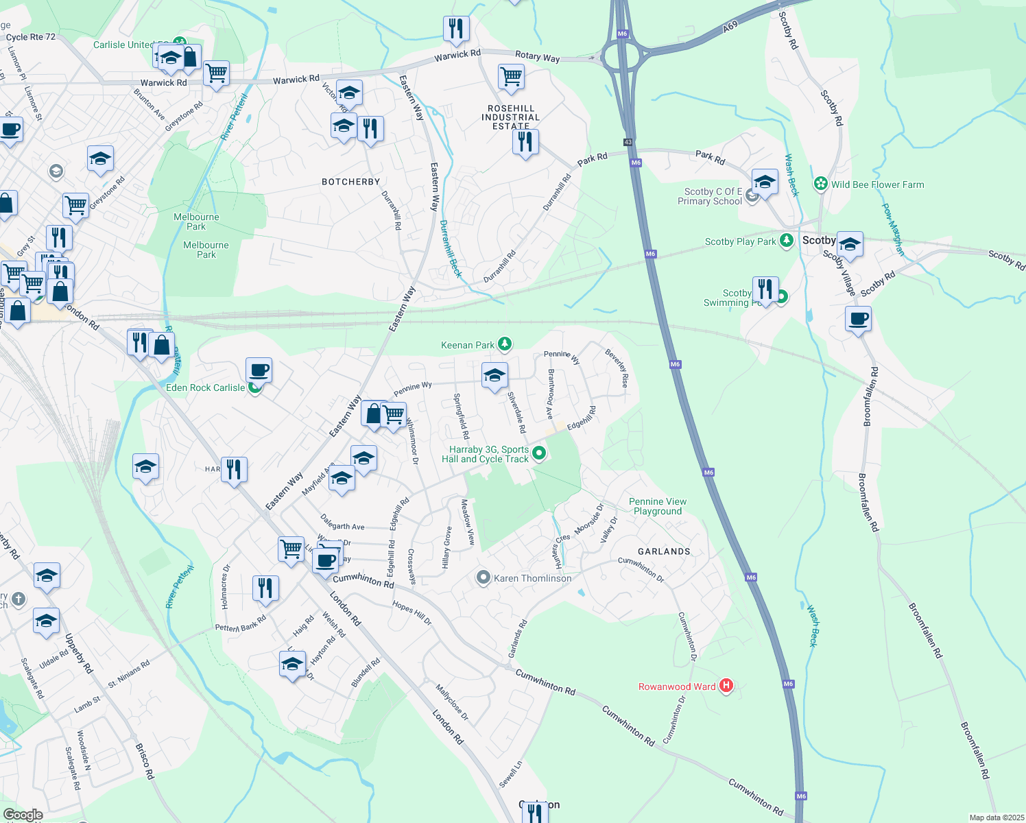 map of restaurants, bars, coffee shops, grocery stores, and more near Silverdale Road in Cumbria