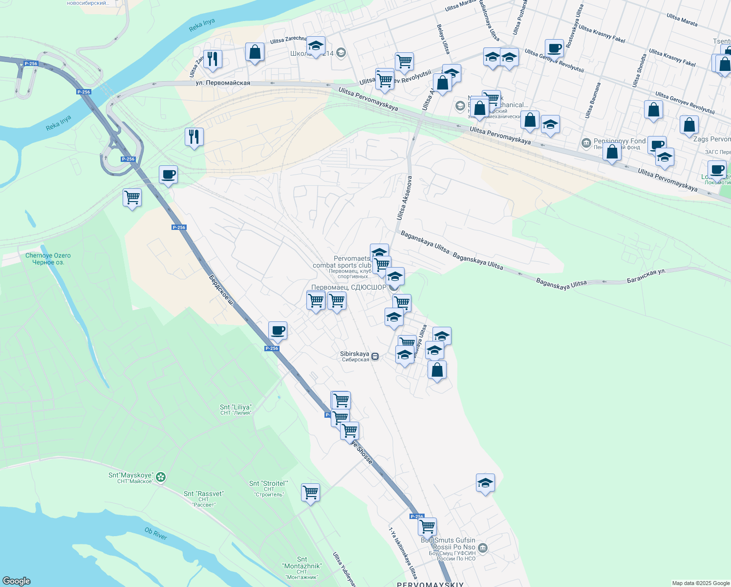 map of restaurants, bars, coffee shops, grocery stores, and more near 8 Basseynyy pereulok in Novosibirsk