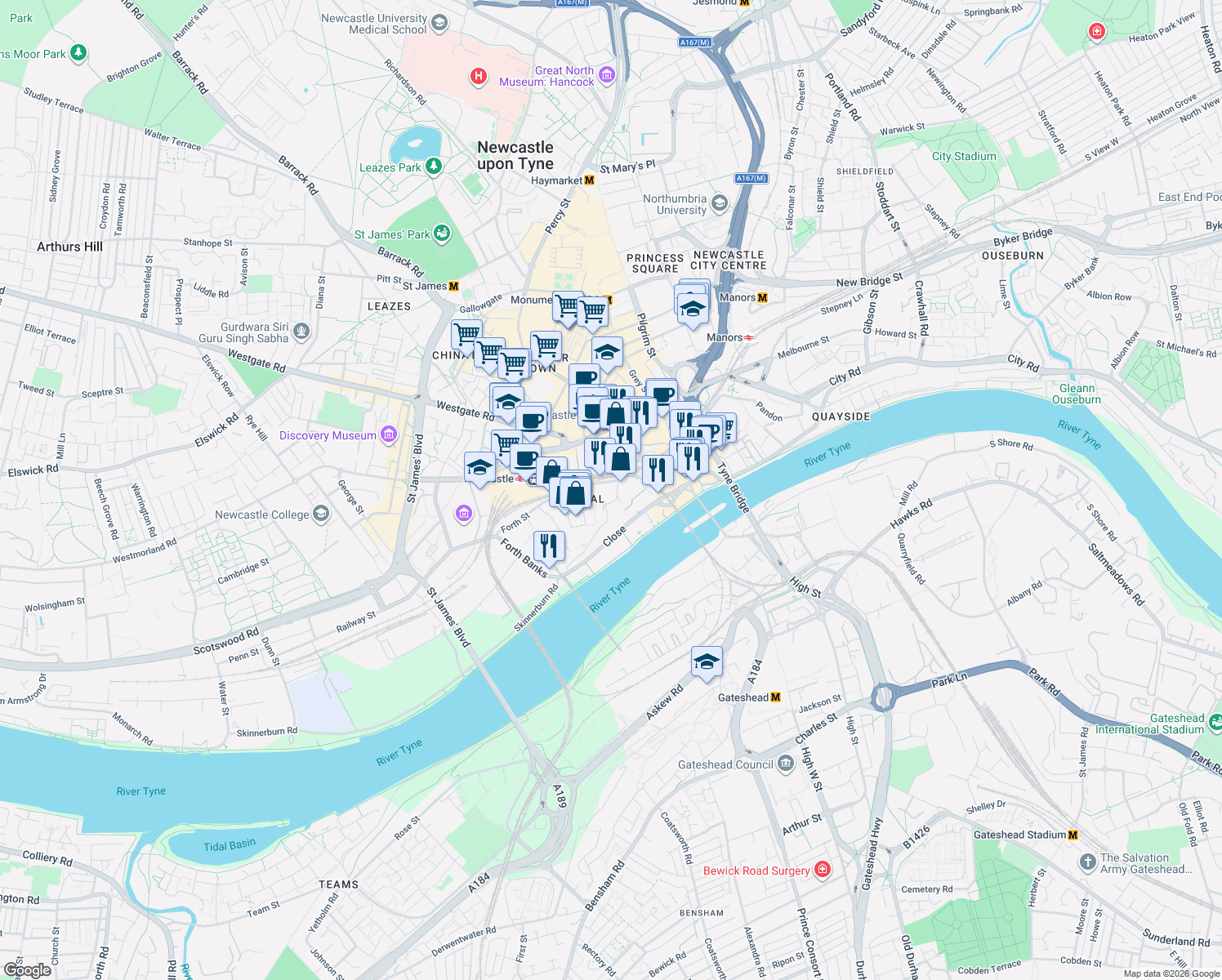 map of restaurants, bars, coffee shops, grocery stores, and more near Hanover Square in Tyne and Wear