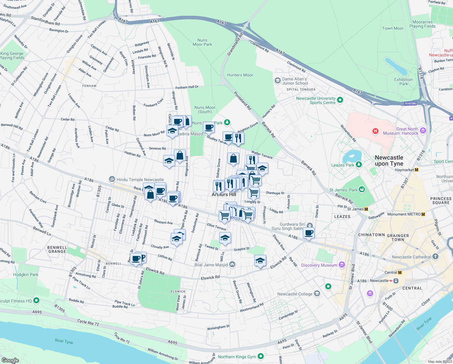 map of restaurants, bars, coffee shops, grocery stores, and more near Brighton Grove in Newcastle upon Tyne