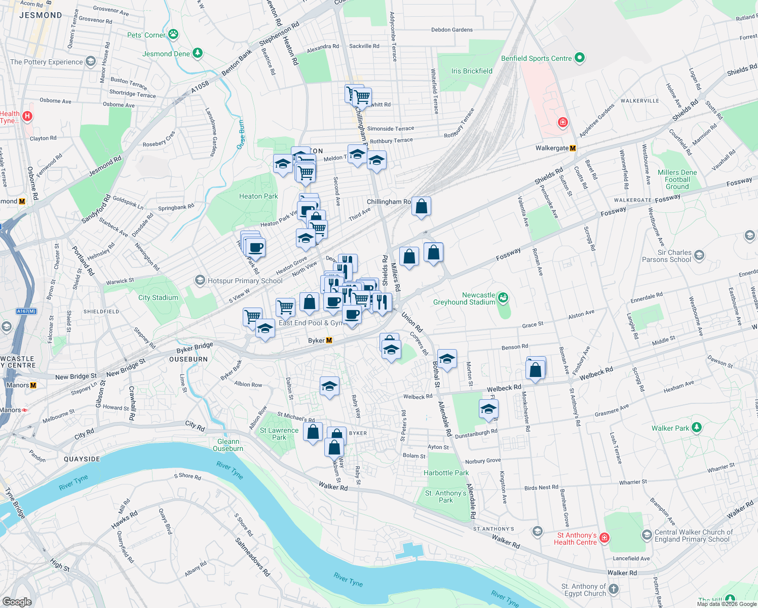map of restaurants, bars, coffee shops, grocery stores, and more near Shields Road in Tyne and Wear