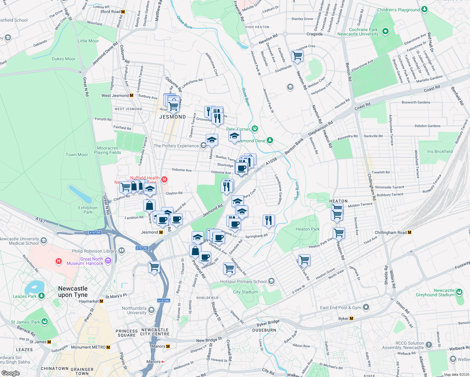 map of restaurants, bars, coffee shops, grocery stores, and more near Jesmond Road in Tyne and Wear