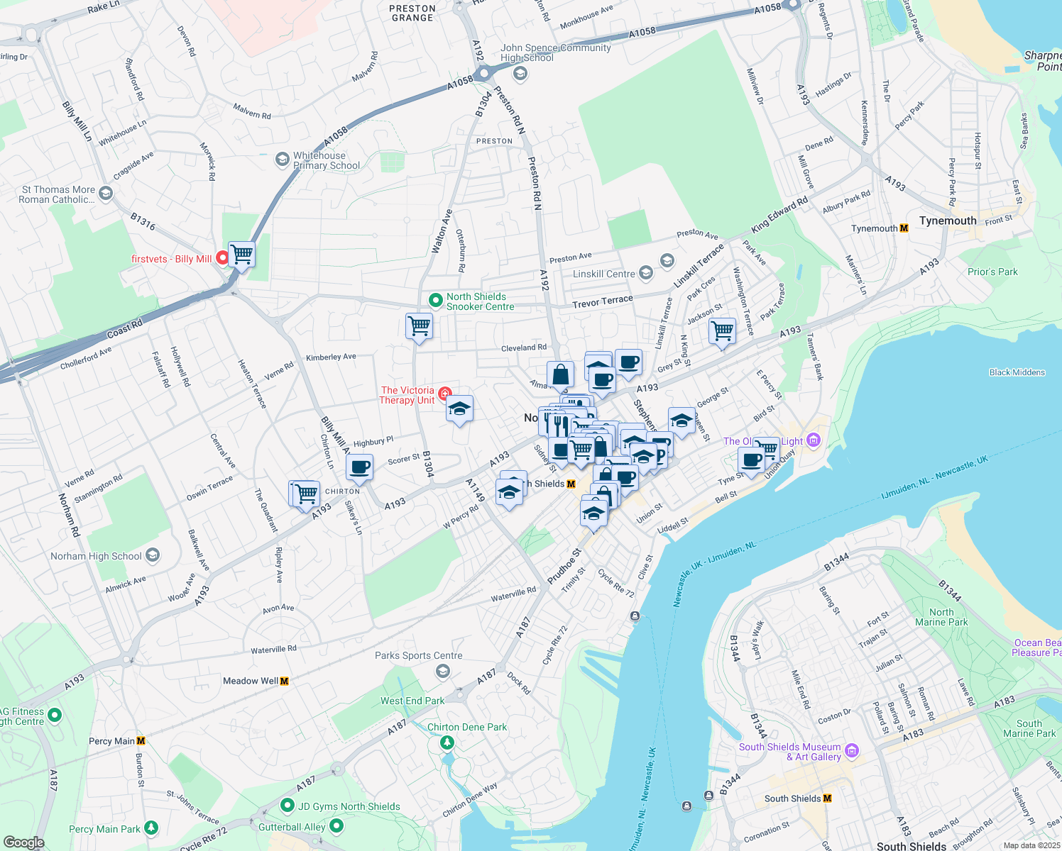 map of restaurants, bars, coffee shops, grocery stores, and more near in Tyne and Wear
