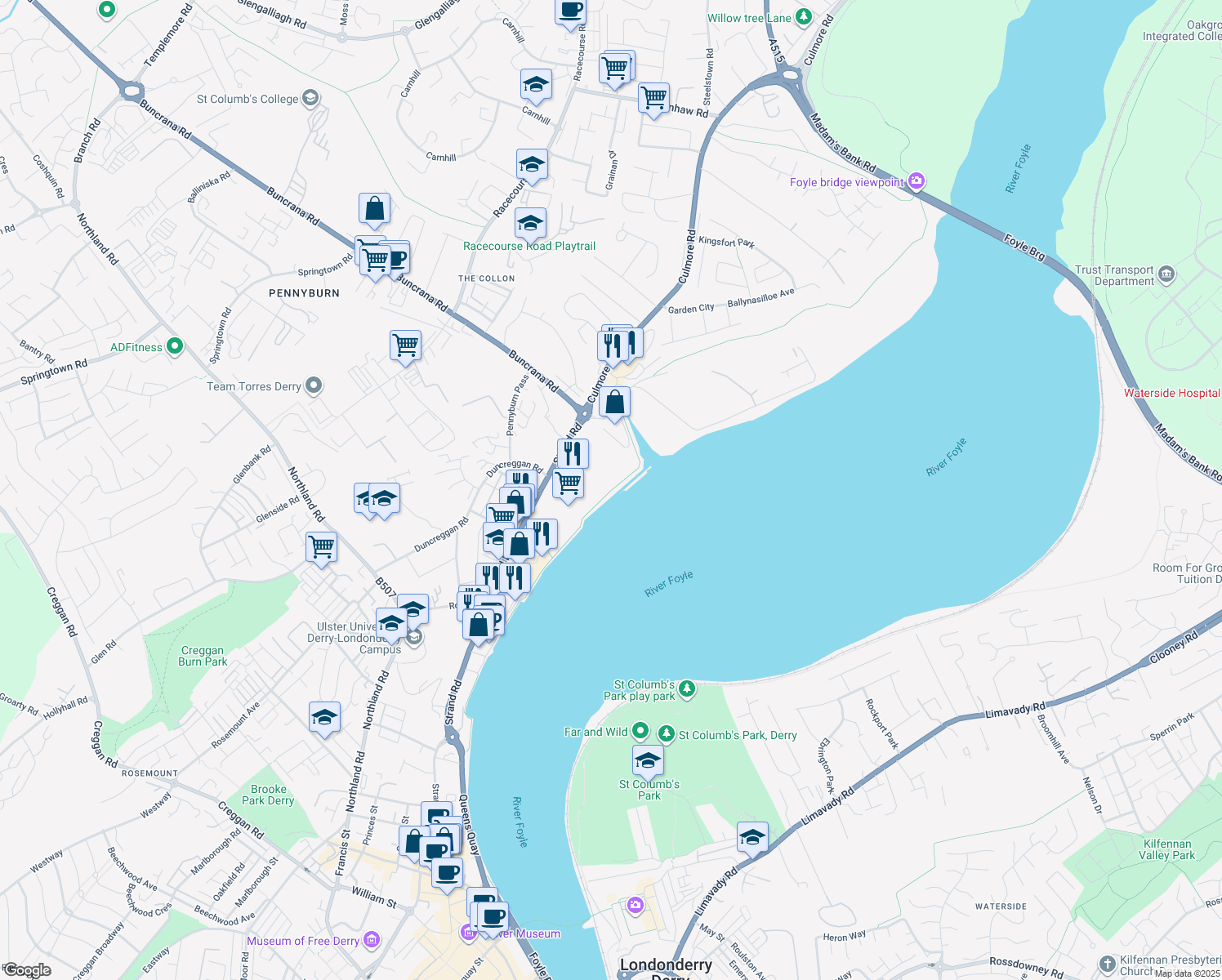 map of restaurants, bars, coffee shops, grocery stores, and more near The Quay Trail in Londonderry