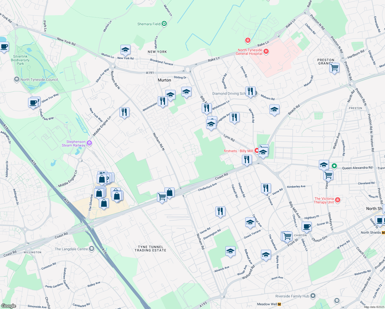 map of restaurants, bars, coffee shops, grocery stores, and more near Kenton Road in Tyne and Wear