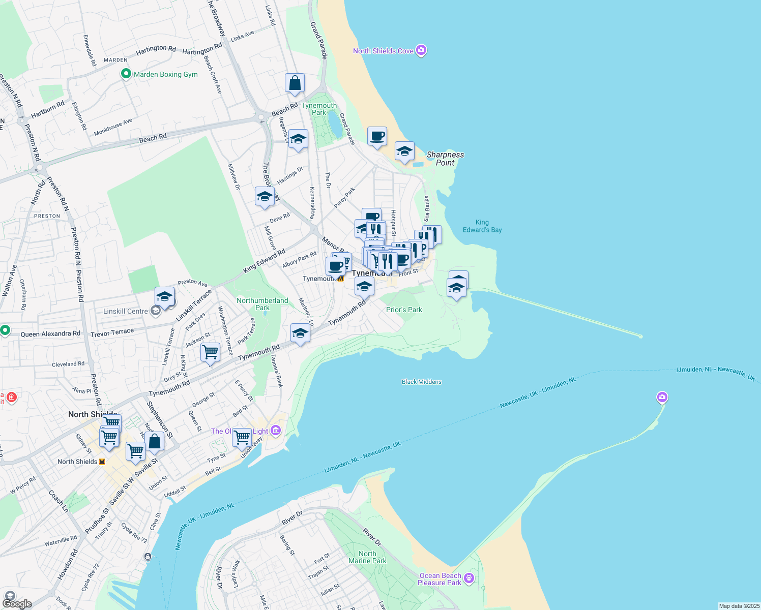 map of restaurants, bars, coffee shops, grocery stores, and more near Tynemouth Terrace in Tynemouth