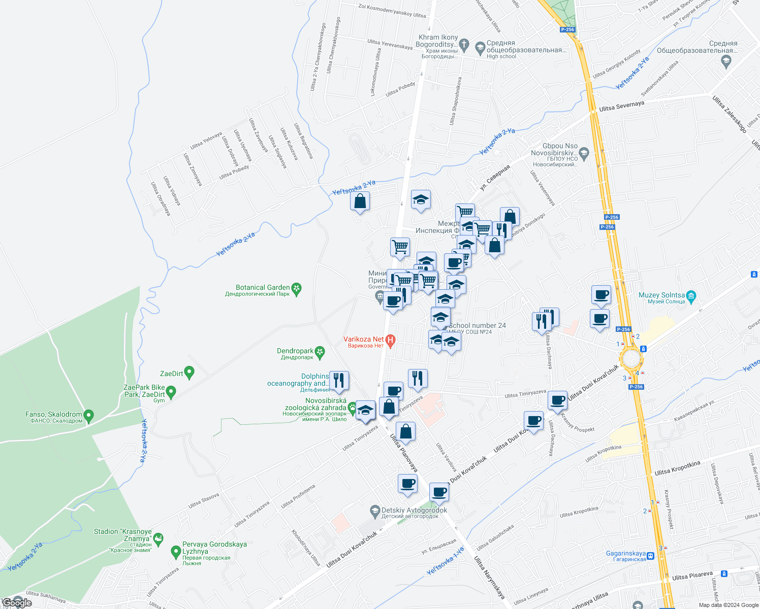 map of restaurants, bars, coffee shops, grocery stores, and more near 100 ulitsa Zhukovskogo in Novosibirsk