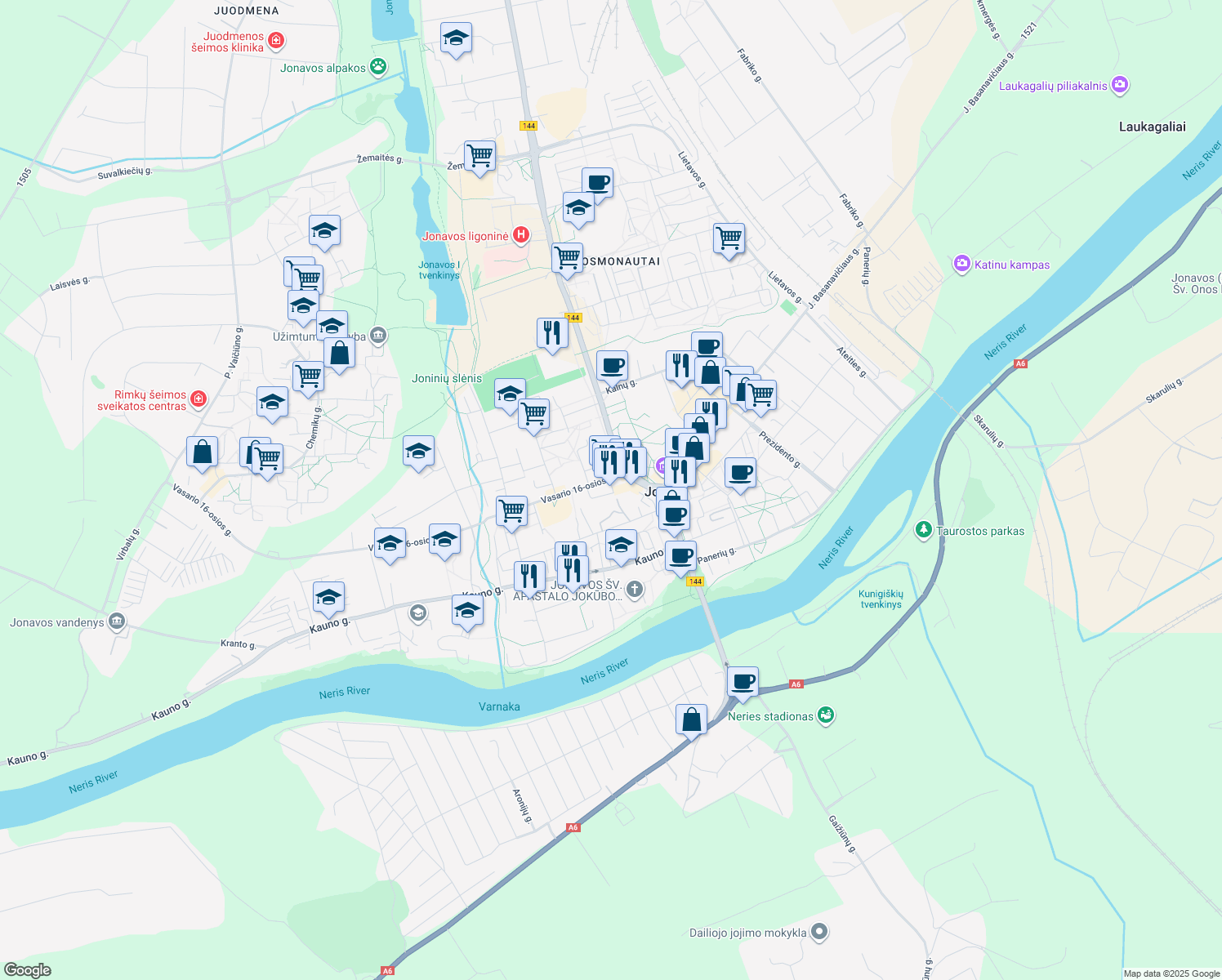map of restaurants, bars, coffee shops, grocery stores, and more near 1A Vasario 16-osios gatvė in Jonava
