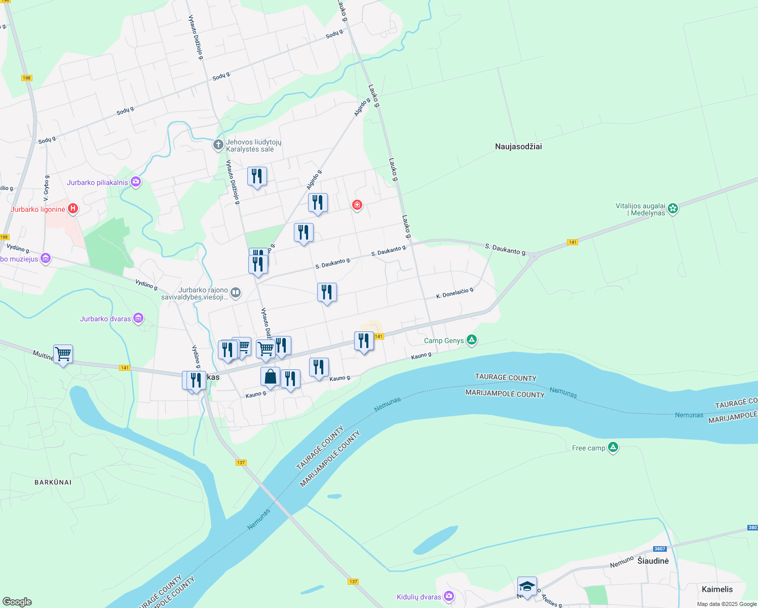 map of restaurants, bars, coffee shops, grocery stores, and more near in Jurbarkas