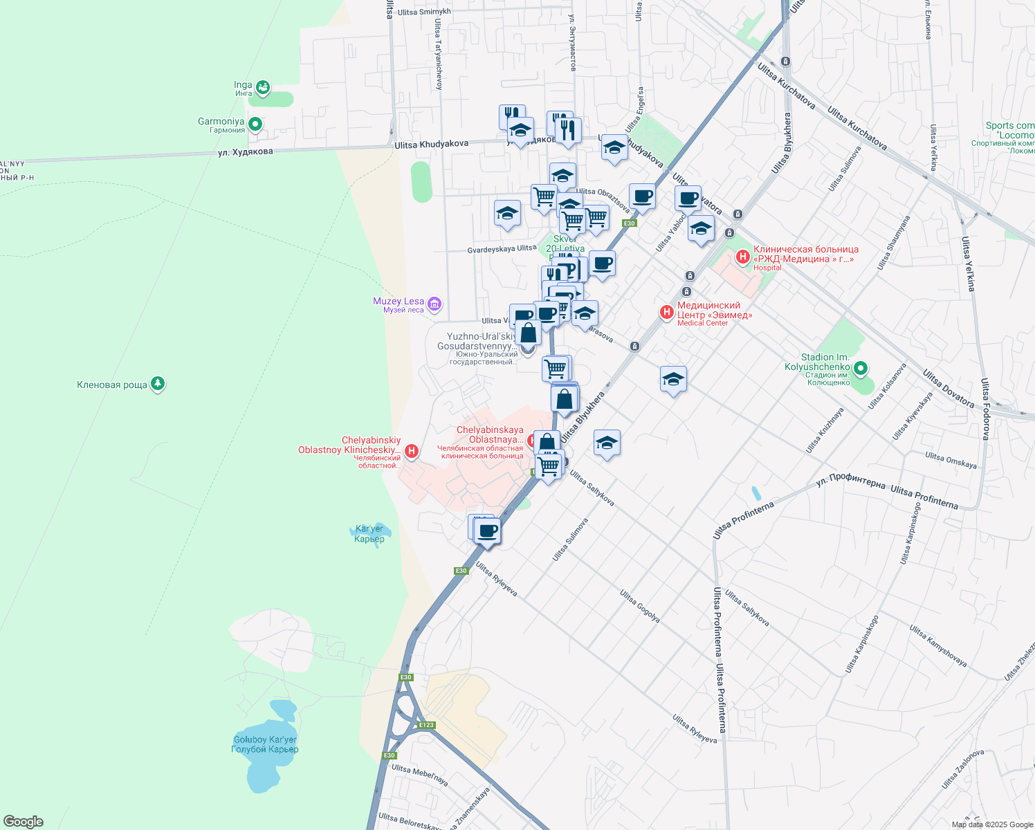 map of restaurants, bars, coffee shops, grocery stores, and more near in Chelyabinsk