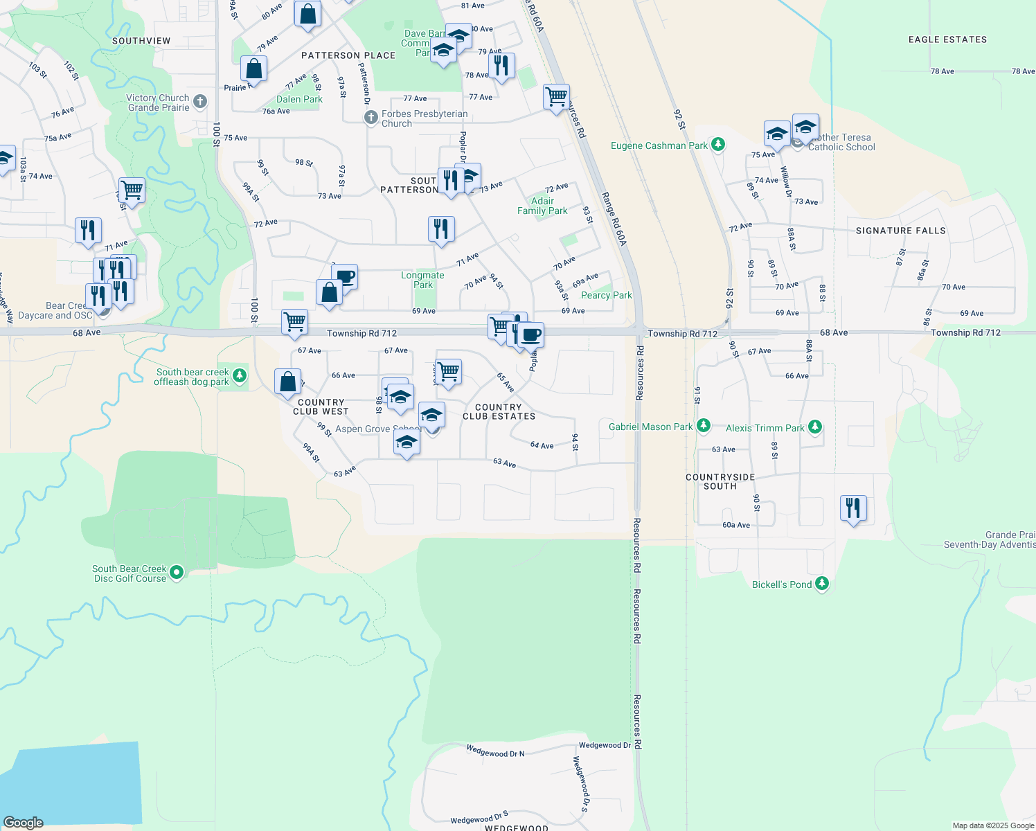 map of restaurants, bars, coffee shops, grocery stores, and more near 6430 94A Street in Grande Prairie