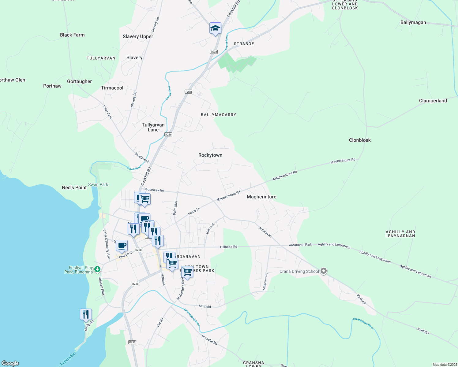 map of restaurants, bars, coffee shops, grocery stores, and more near Burwood in Buncrana