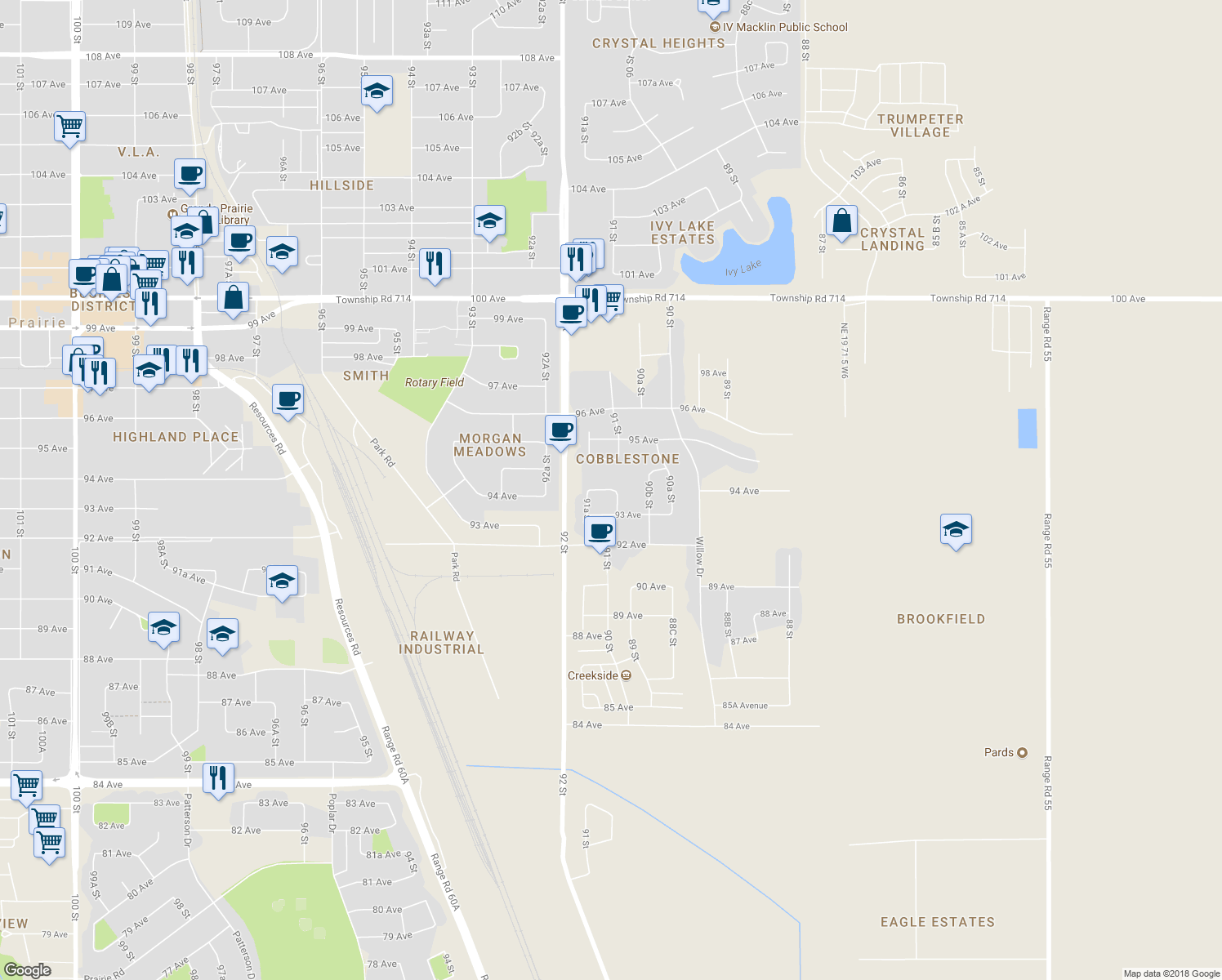 map of restaurants, bars, coffee shops, grocery stores, and more near 8942 94 Avenue in Grande Prairie