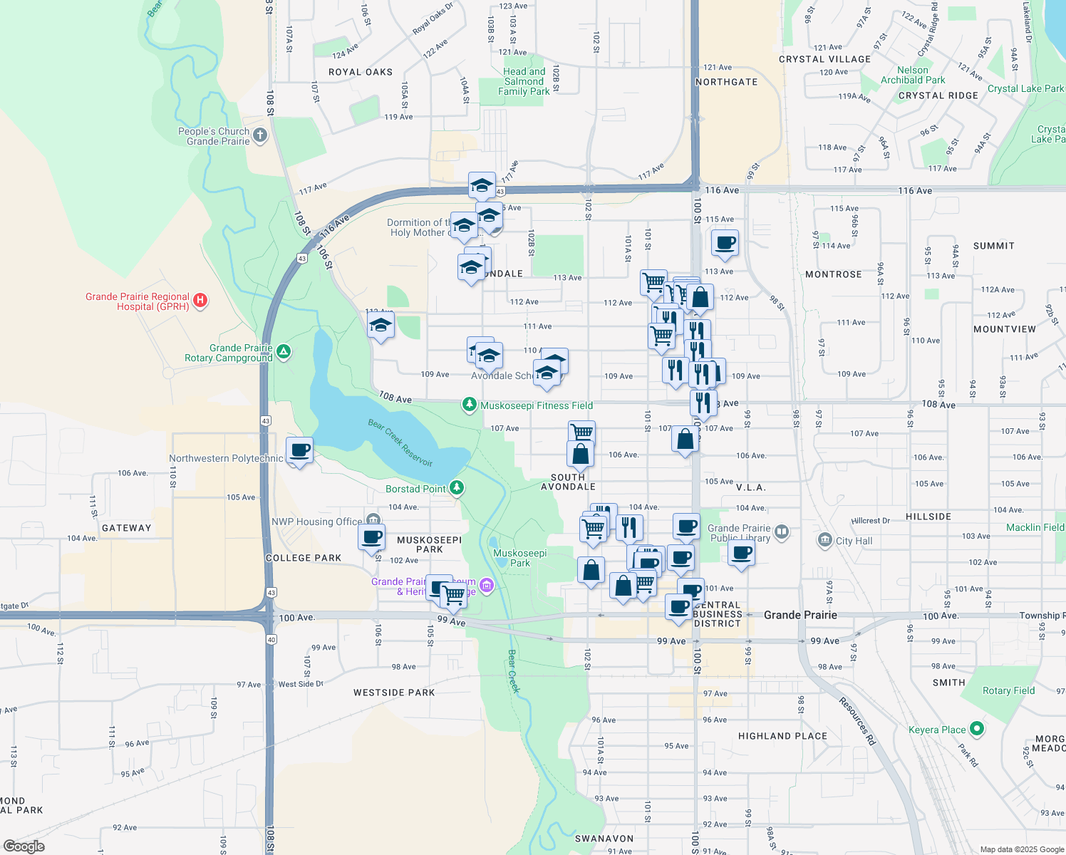 map of restaurants, bars, coffee shops, grocery stores, and more near 10236 107 Avenue in Grande Prairie